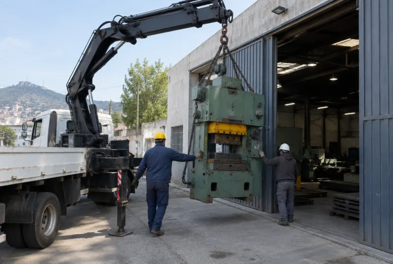 Hidrogrúa cargando una máquina industrial en un camión